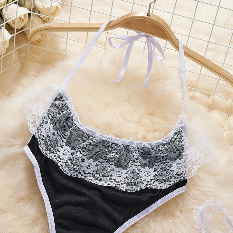 Sexy Lace-Up Lingerie Bodysuit Set with Mini Skirt Backless Patchwork Lace Edge Hollow Cosplay Maid Uniform