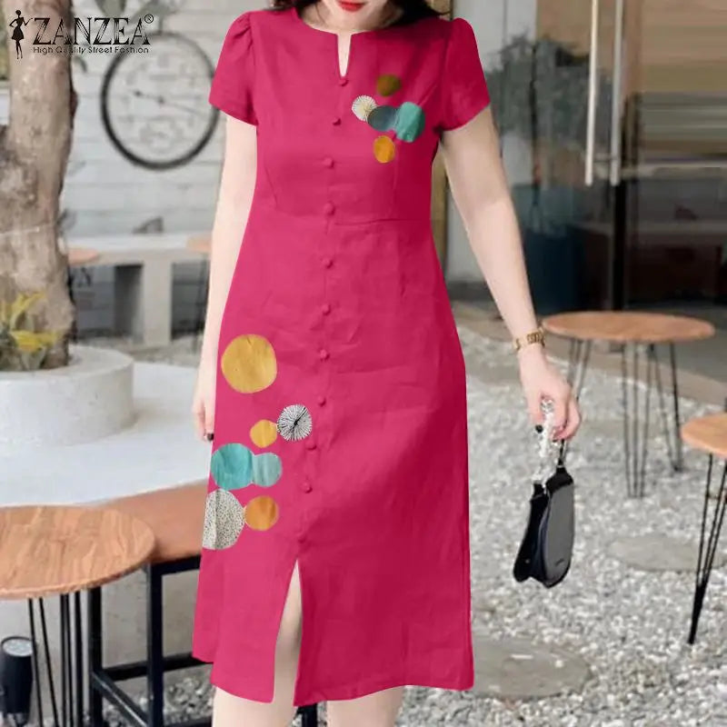 Dot Print Long Dress Casual Summer Short Sleeve Style