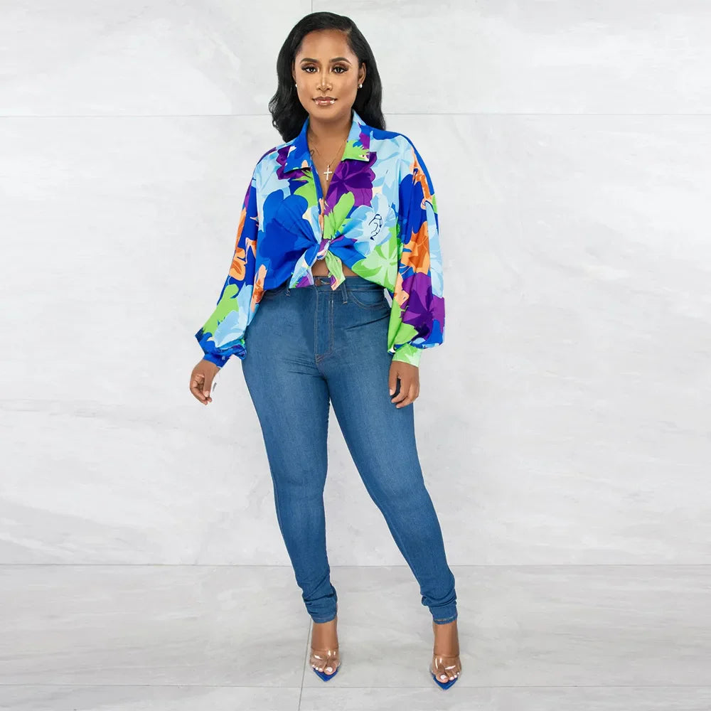 Women's Printed V-Neck Ramie Shirt Loose Bat-Sleeve Summer Top with Belly Cover Age-Reducing Design