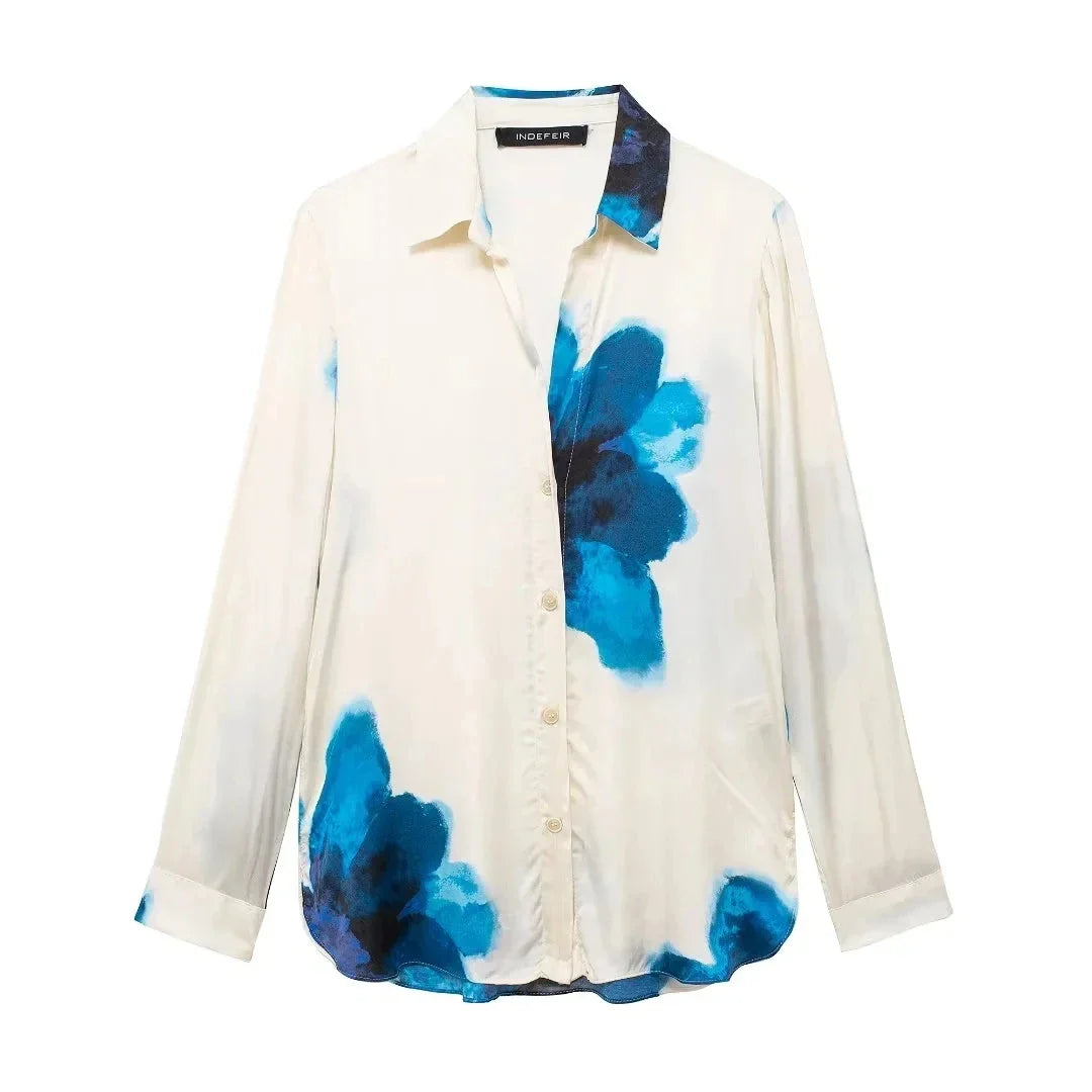 Elegant Floral Print 2 Piece Women's Suit with Long Sleeve Lapel Blouse and Drawstring Wide Leg Pants Casual Outfit