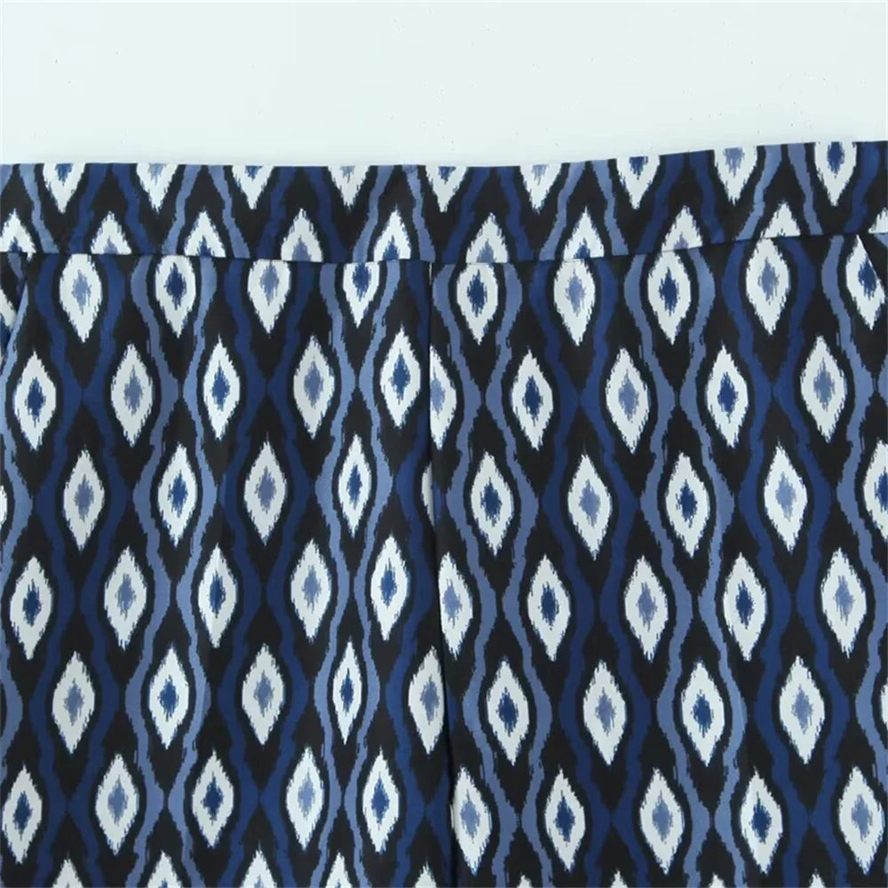 Women's Geometric Pattern Printed Shirt and Pants Set with Long Sleeve Top and Stylish Trousers