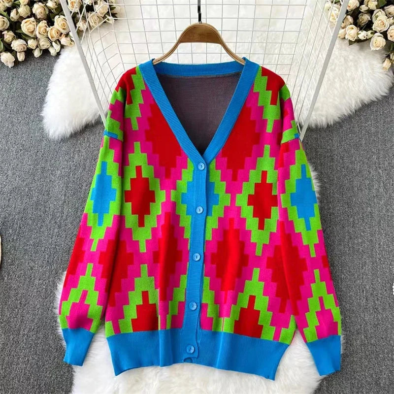 Casual Elegant Diamond Grid V-Neck Button Down Long Sleeve Top with Elastic Waist and Wide Leg Women's Suit Outfit