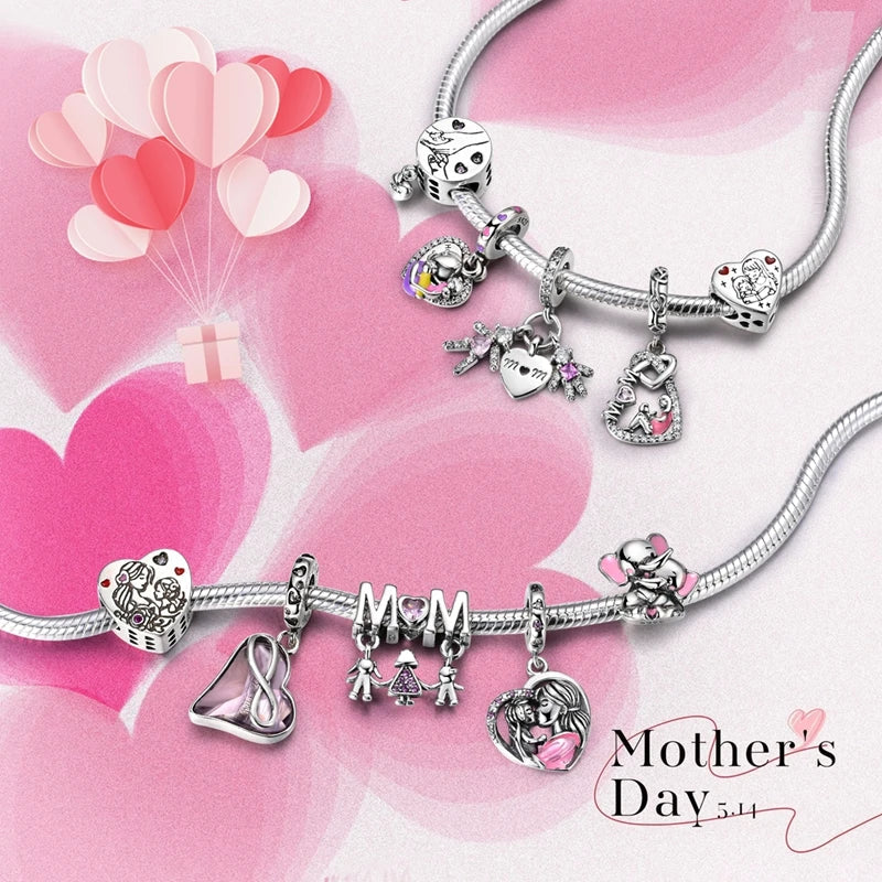 925 Sterling Silver Love Heart Family Charm Bead Pendant for Women's Bracelet Jewelry Gift