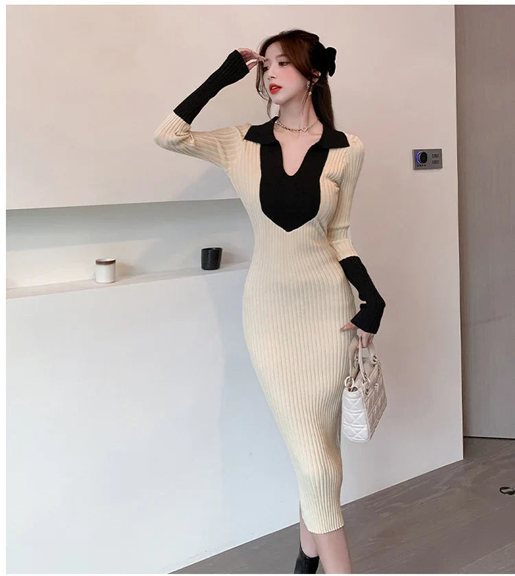 Korean Style Knit Dress Long Sleeve Color Block Lace