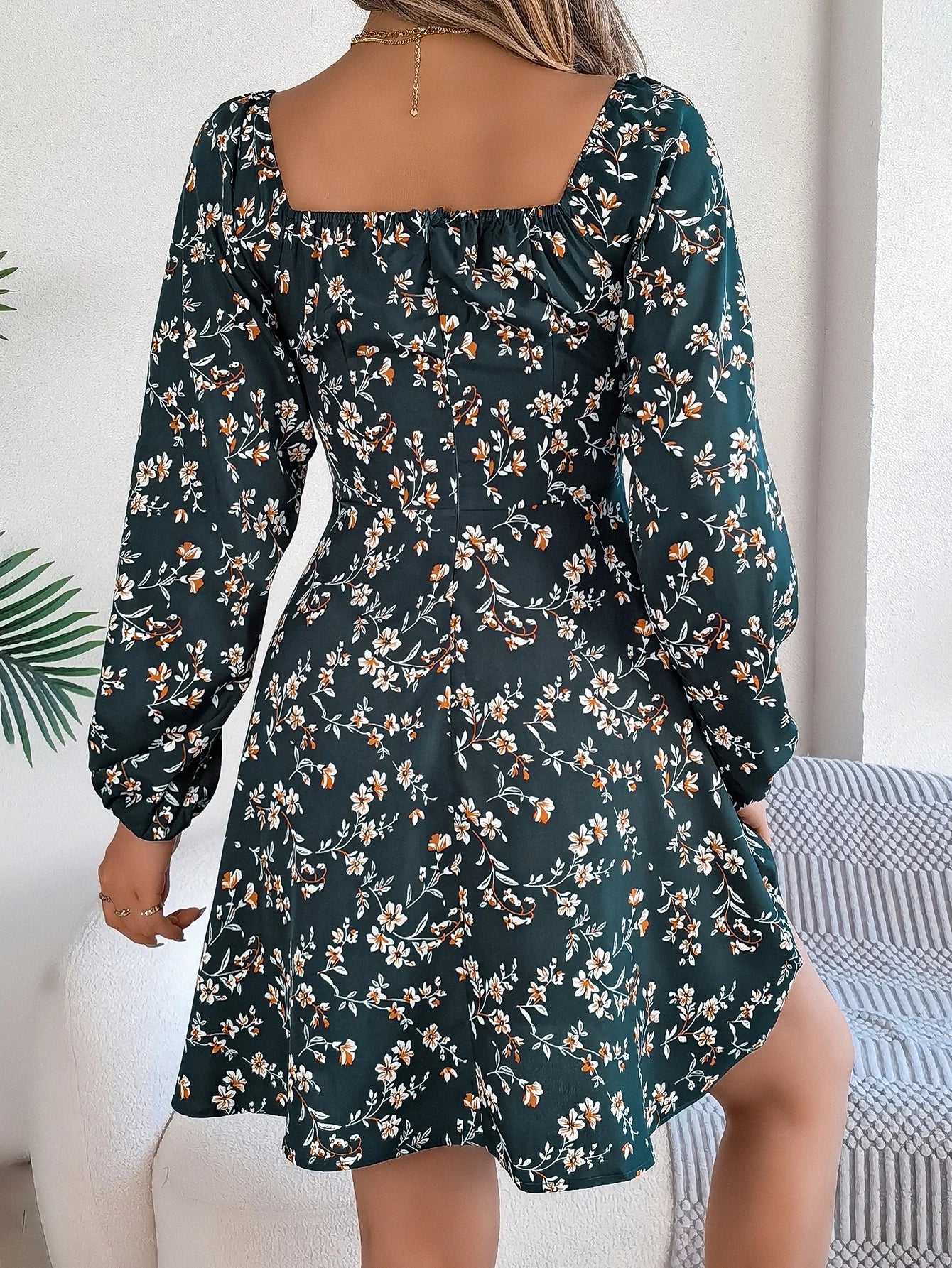 Floral Print Square Neck Dress With Long Sleeve Lace Up