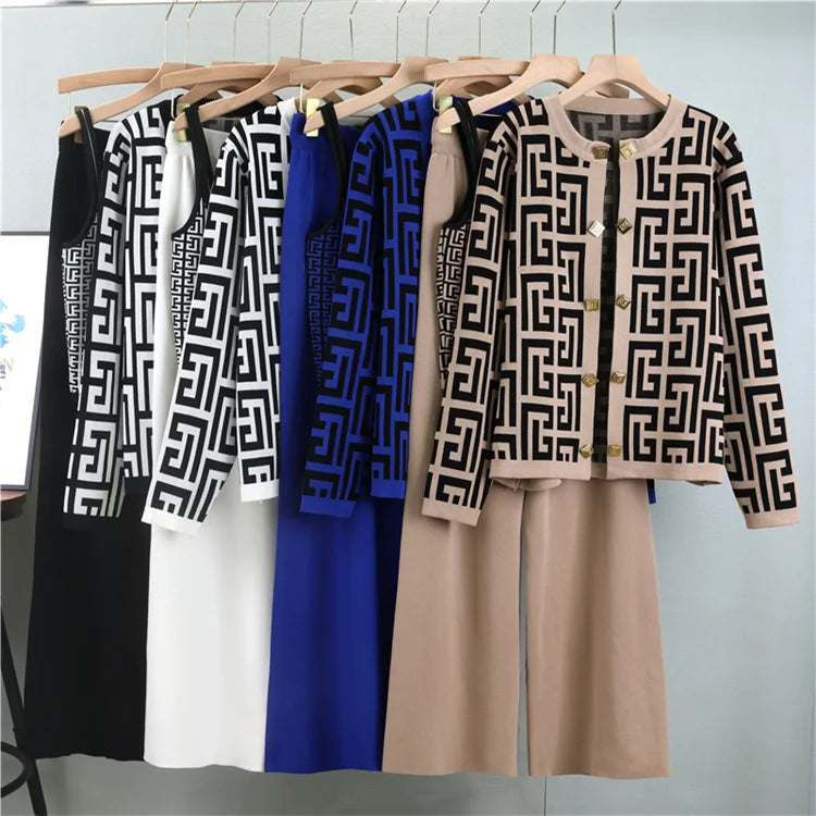 Women's 3 Piece Knit Tracksuit Set with Sexy Vest Long Sleeve Cardigan and Elastic Waist Pants