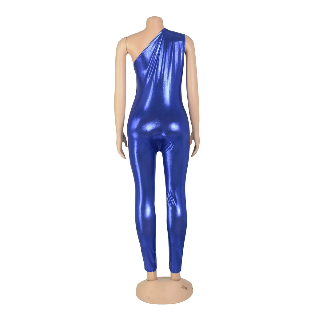 Elegant Shiny Metallic One Shoulder Sleeveless Jumpsuit Romper for Women Party Night Club Outfit