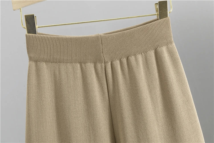 Knitted Two Piece Set for Women with Long Sleeve V Neck Cardigan and Wide Leg Pants