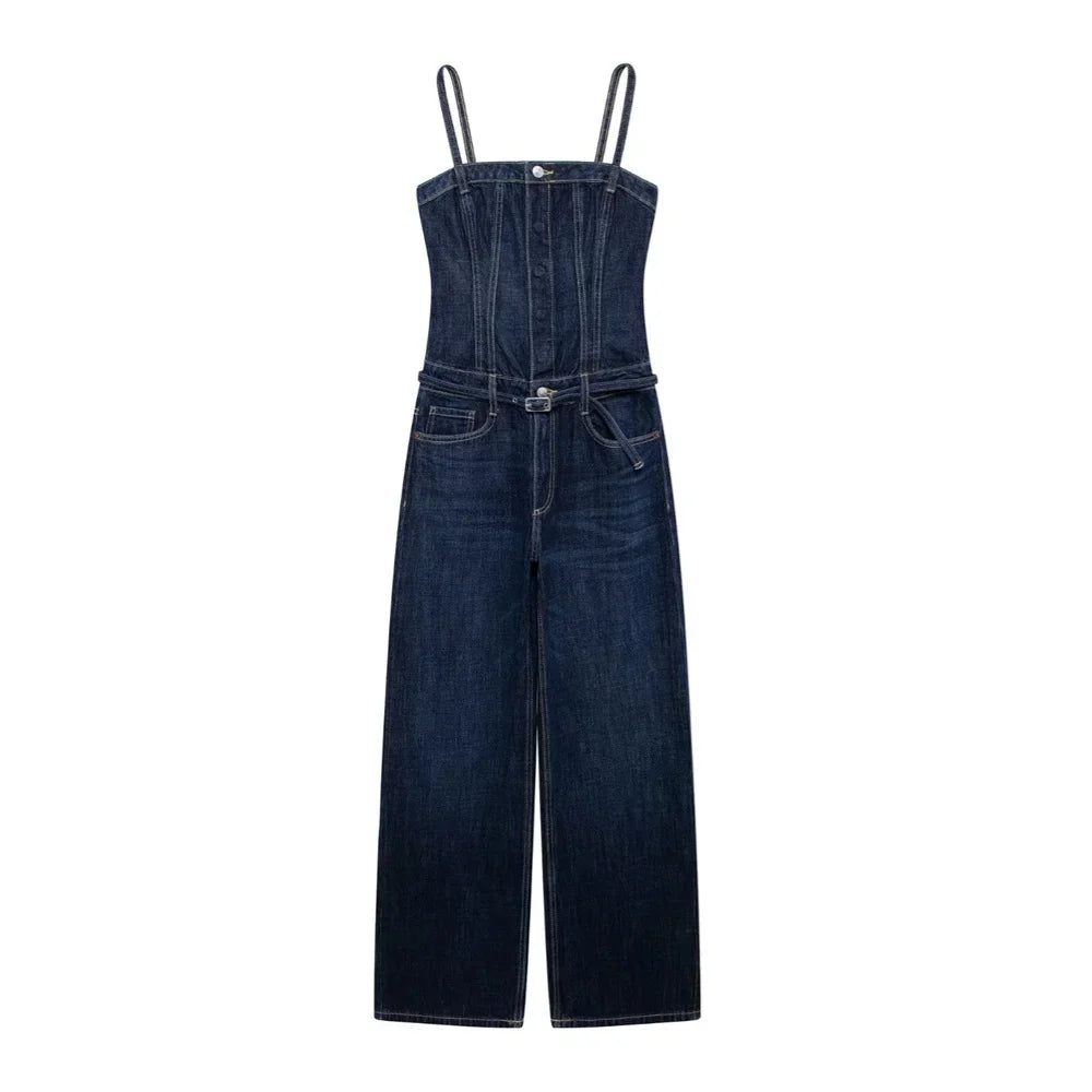 Loose Fitting Waist Belt Cotton Denim Long Jumpsuit for Women Comfortable Autumn and Winter Fashion