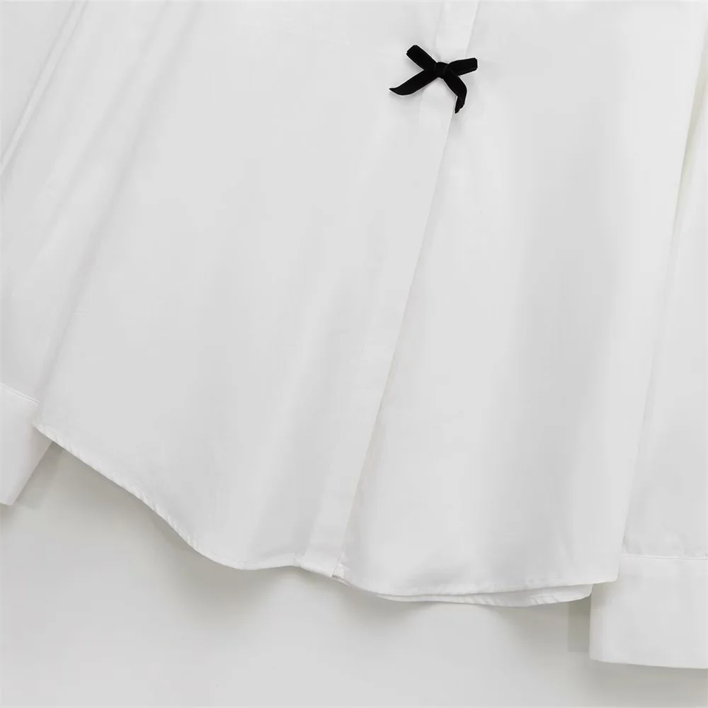 Women's Casual Long Sleeve Shirt with Butterfly Knot and Wave Point Pattern Single Breasted Stylish Blouse