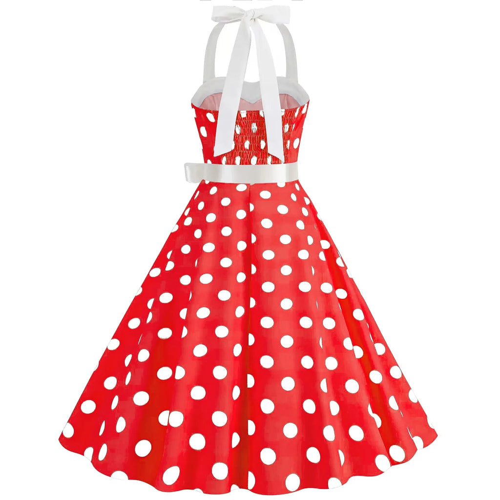 Retro Polka Dot Backless Dress With Lace Up Neckline Swing