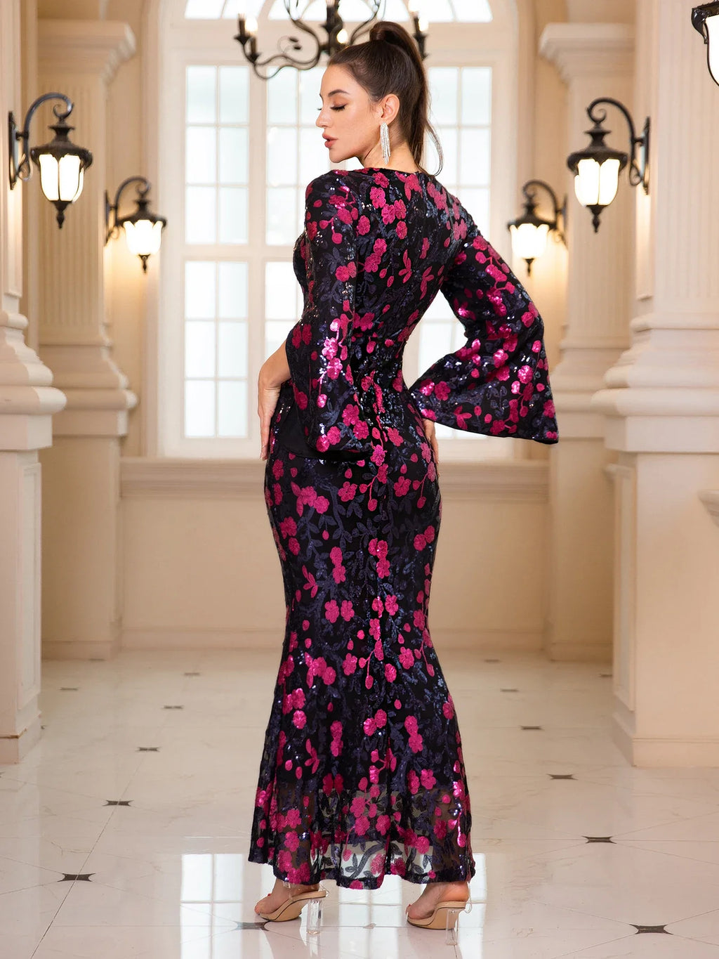 Floral Sequined Maxi Dress With V Neck For Evening Wear