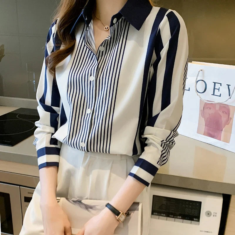 Women's Blue Striped Long Sleeve Shirt Button Up Polo Neck Blouse Casual Leisure Top