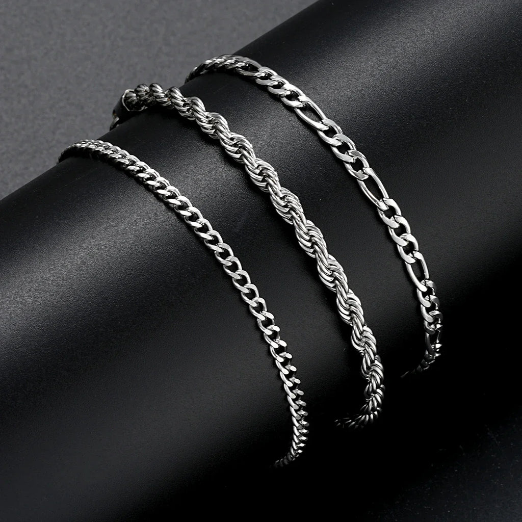 3 Piece Stainless Steel Cuban Chain Bracelet Set for Men Minimalist Silver Hip Hop Fashion Jewelry Gifts