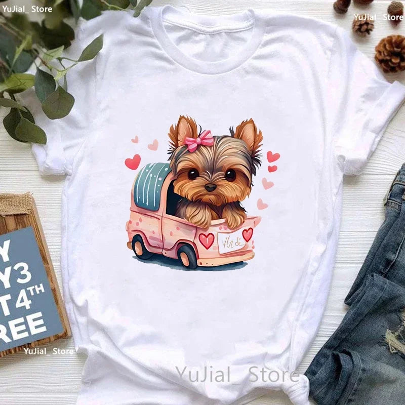 Golden Puppy Sunflower Dog Lover T Shirt for Girls Kawaii Summer Fashion Top with Pug and Yorkie Design