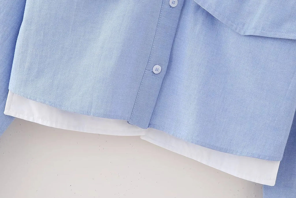 Elegant Patchwork Blouse for Women Long Sleeve Single Breasted Lapel Shirt Chic Short Top