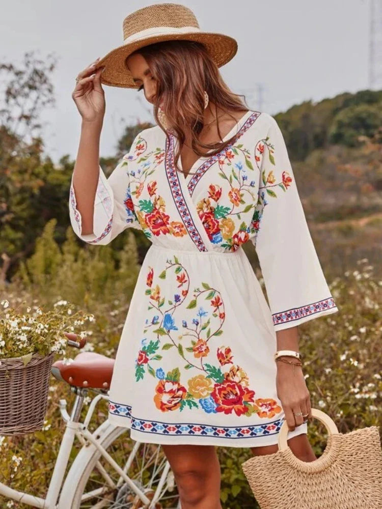 Bohemian Dress With V Neck And Tie Waist Beach Vacation