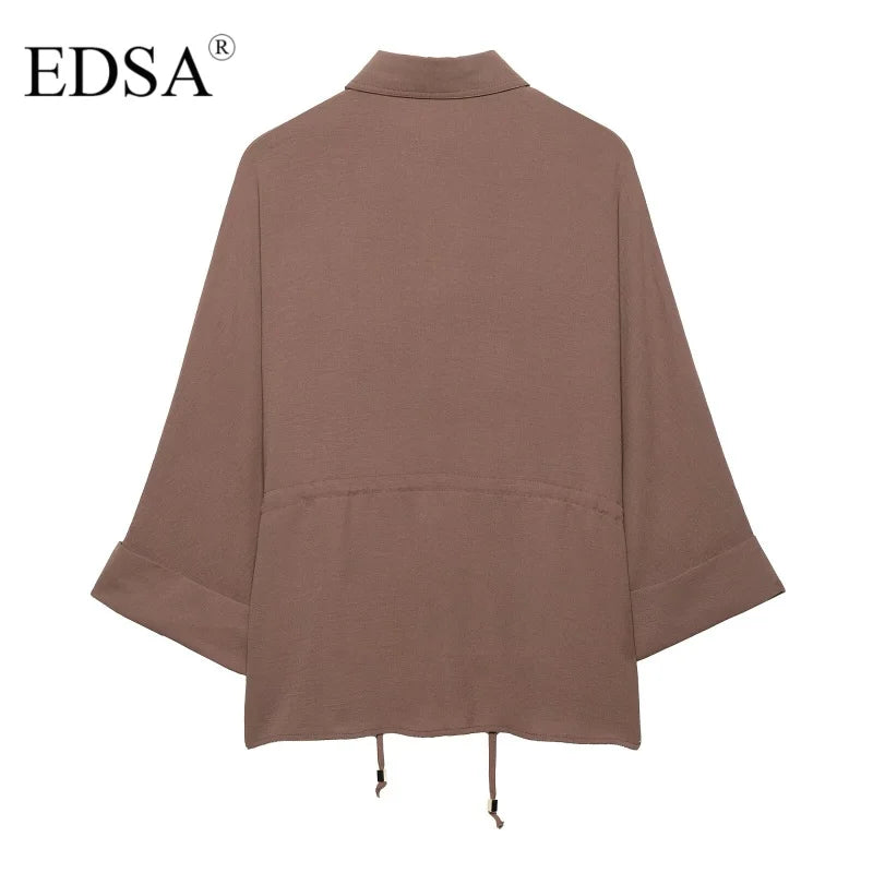 Women Camel Safari Style Flowing Shirt with Drawstring Waist Wide Sleeves and Turn-up Cuffs Casual Blouse for Holiday and Everyday Wear