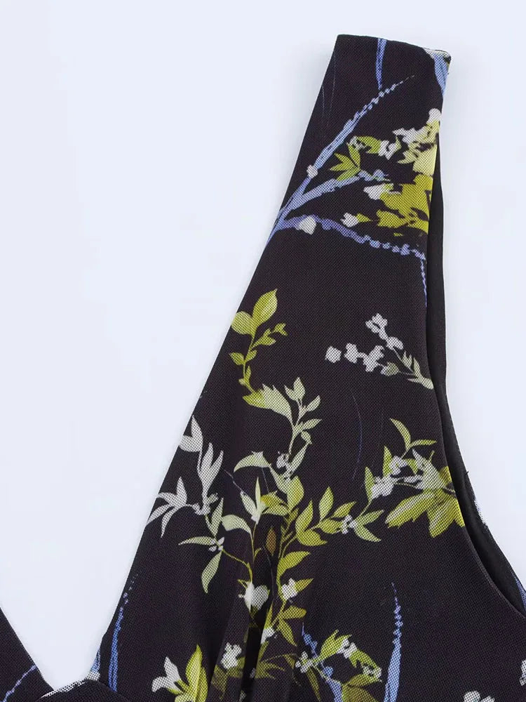 Women Summer Midi Tank Dress Vintage Print Chiffon V Neck