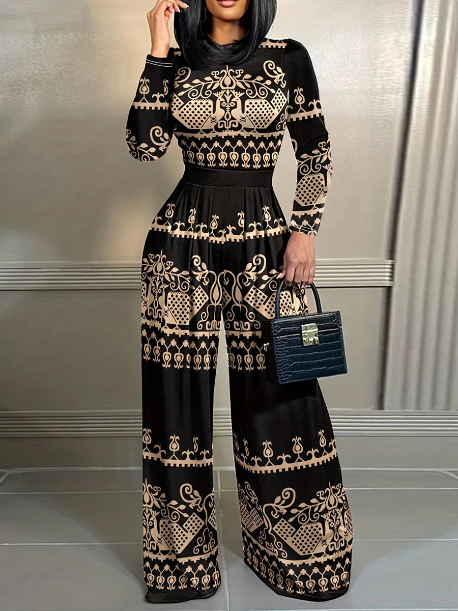 Women's Elegant Stand Collar Long Sleeve Bodysuit Jumpsuit with Fashion Print Waist Zipper and Ankle-Length Straight Pants