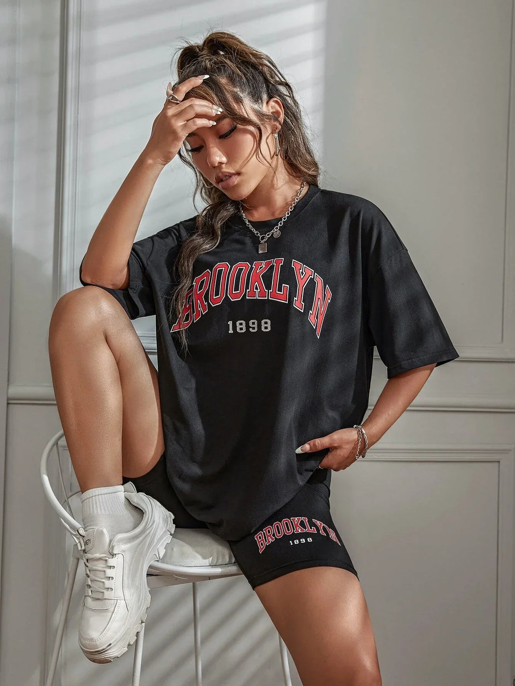 Brooklyn 1898 New York City Letter Graphic Cotton T-Shirt and Oversized Shorts Two-Piece Summer Casual Set for Women S-XL