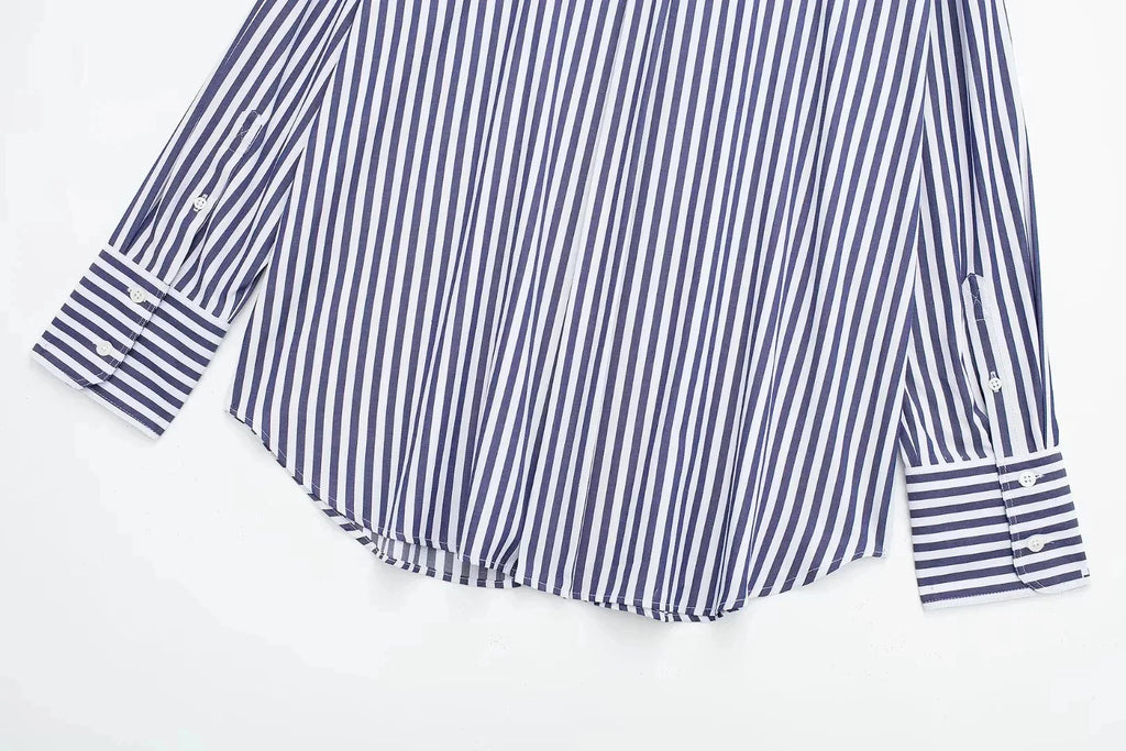 Women's Casual Striped Single Breasted Long Sleeve Lapel Blouse Elegant Solid Color Office Shirt Chic Top