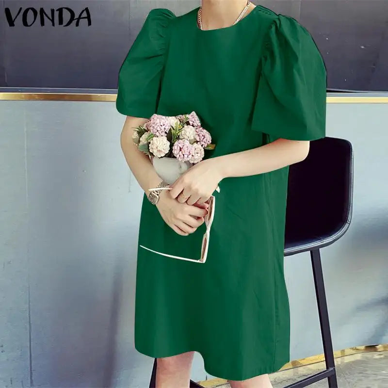 Summer Women Sundress Mini Pleated Puff Sleeve Dress