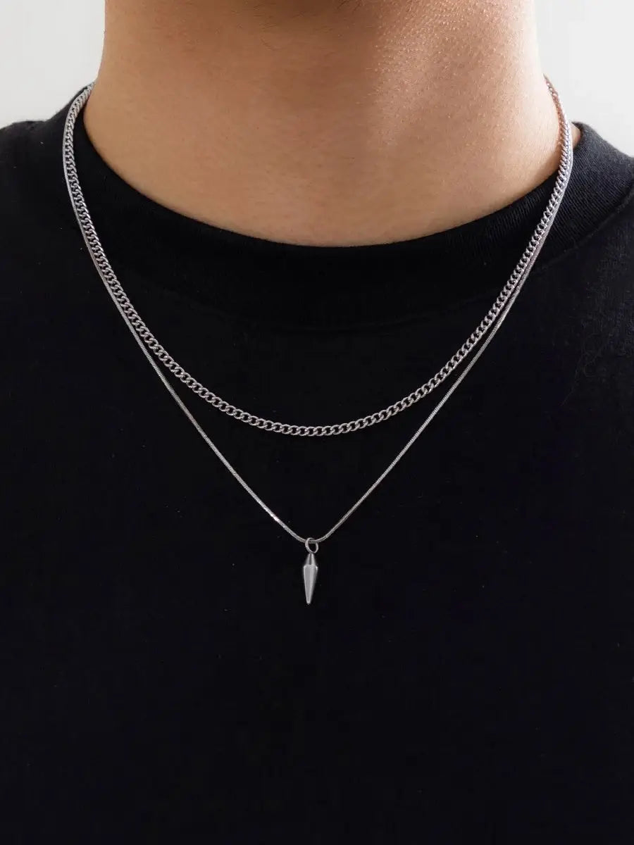 Stainless Steel Rivet Pendant Snake Chain Necklace Set for Men Punk Silver Cuban Link Choker