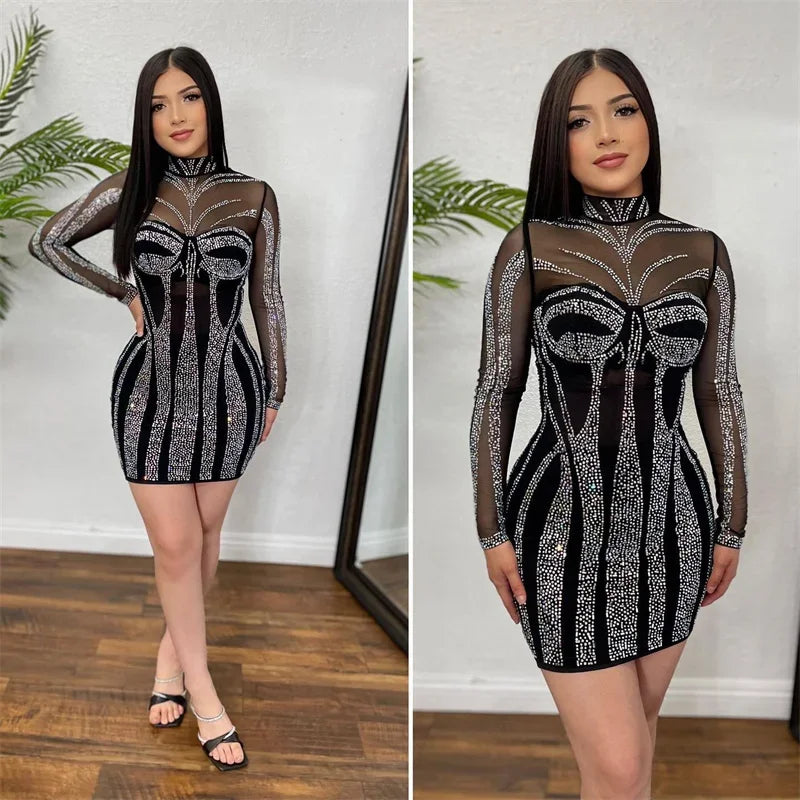 Rhinestone Crystal Birthday Dress Mesh Patchwork Bodycon