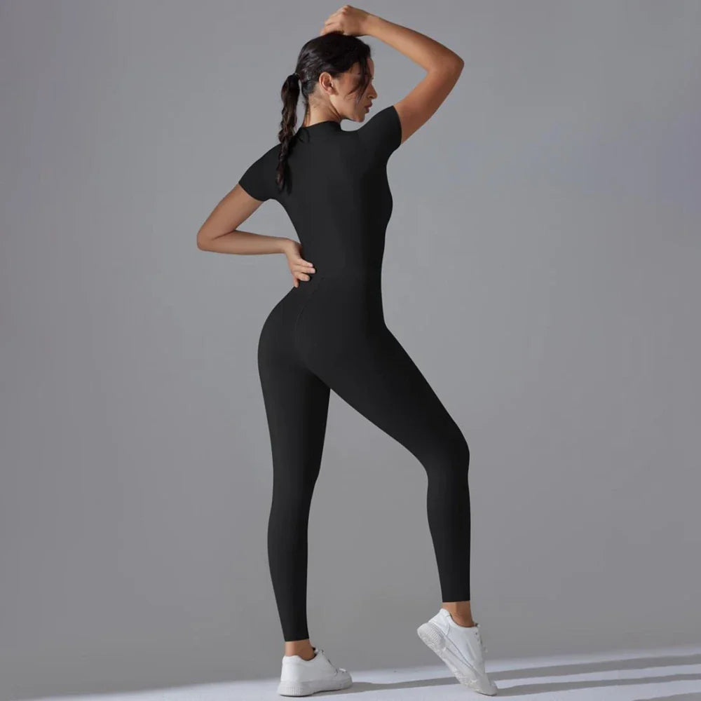 Womens Short Sleeve Yoga Jumpsuit Slim Fit Stretch One Piece Romper with Front Zipper Sexy Fitness Activewear Basic Sportwear in Black