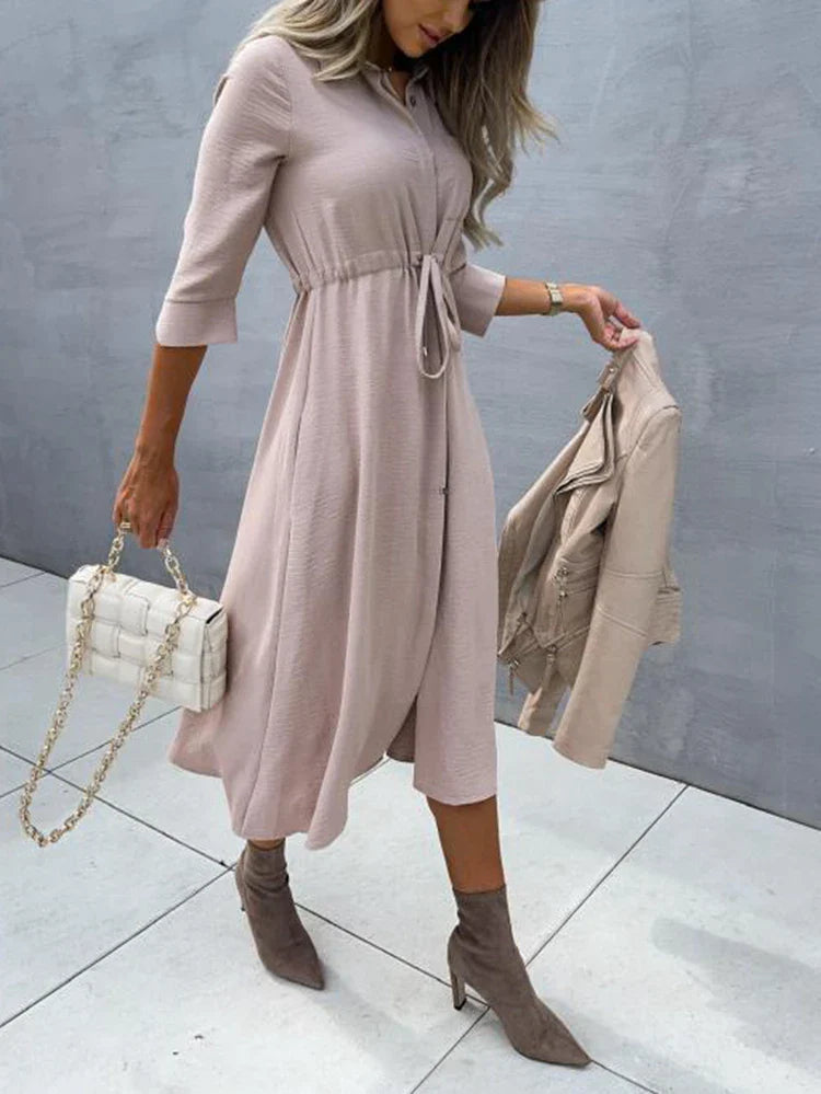 Women's Lace Up Waist Dress Mid Sleeve Aline Solid Color