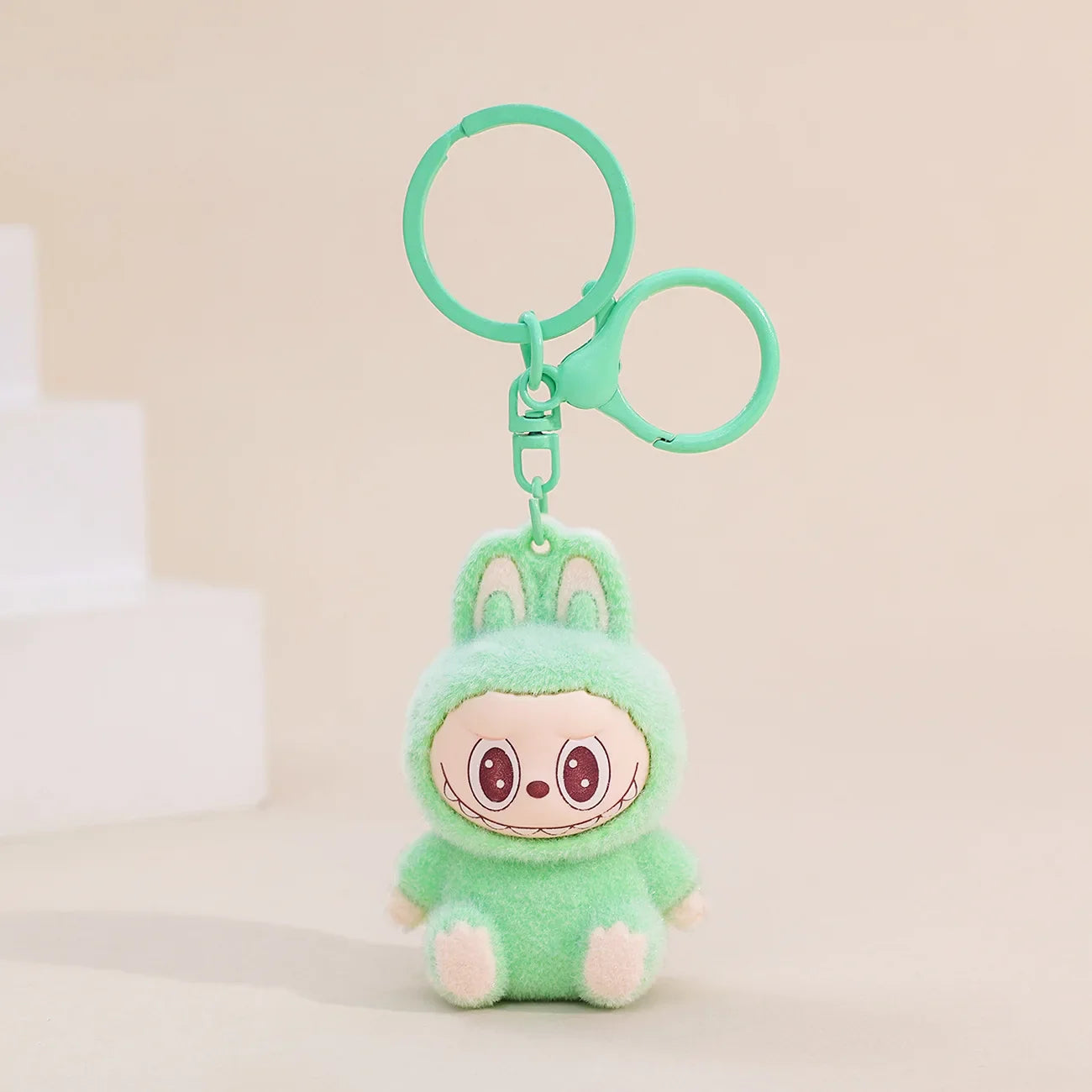 Sitting Labubu Doll Keychain Cute Fluff PVC Toy Phone Ornaments Bag Charms for Car and Christmas Gifts