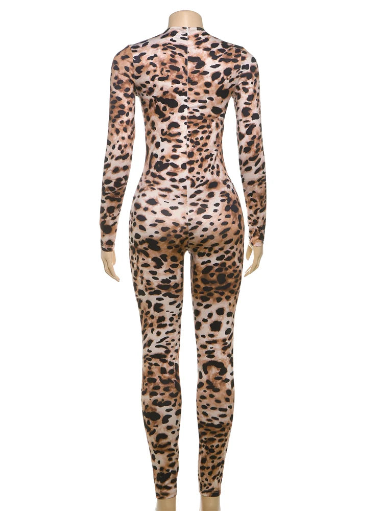 Leopard Print Women's Full Sleeve Zip Jumpsuit Skinny Stretch Fitness Workout Streetwear Overalls