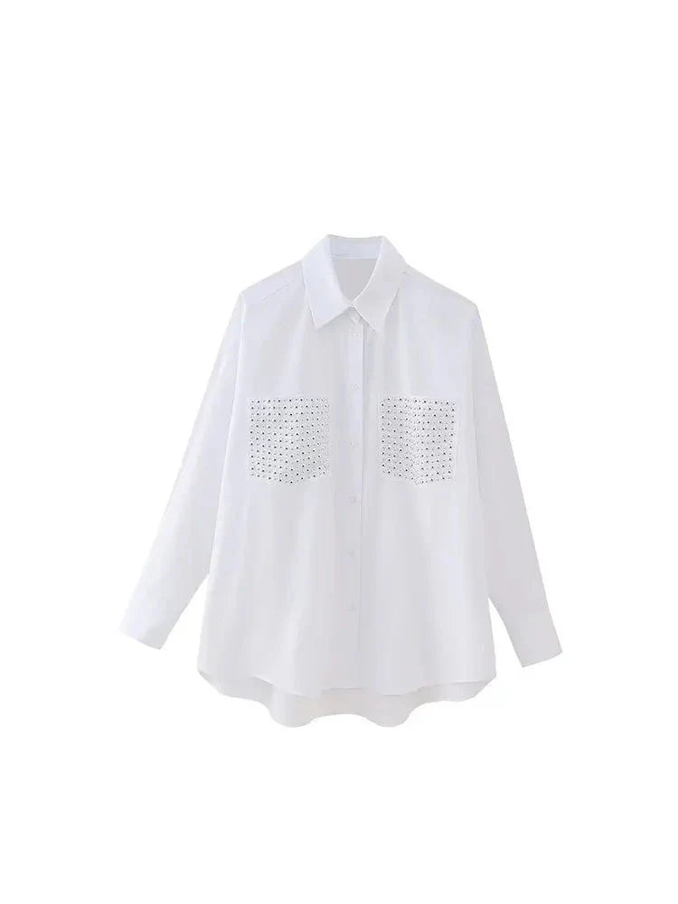 Women's Casual Lapel Collar Single Breasted Blouse with Pockets and Rivet Detail Long Sleeve Shirt