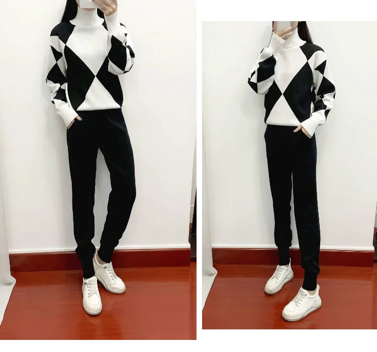 Women's Thick Soft Knitted Sweater and Long Pant Set Casual 2PCS Track Suit for Autumn and Winter