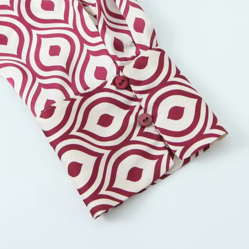 Women's Geometric Print Satin Effect Shirt with Lapel Collar Long Sleeve Single Breasted Slim Fit Chic Top for Spring and Summer