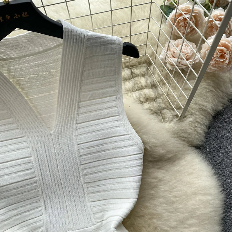 White Knit Tank Dress V Neck Sleeveless Bodycon Wrap Dress