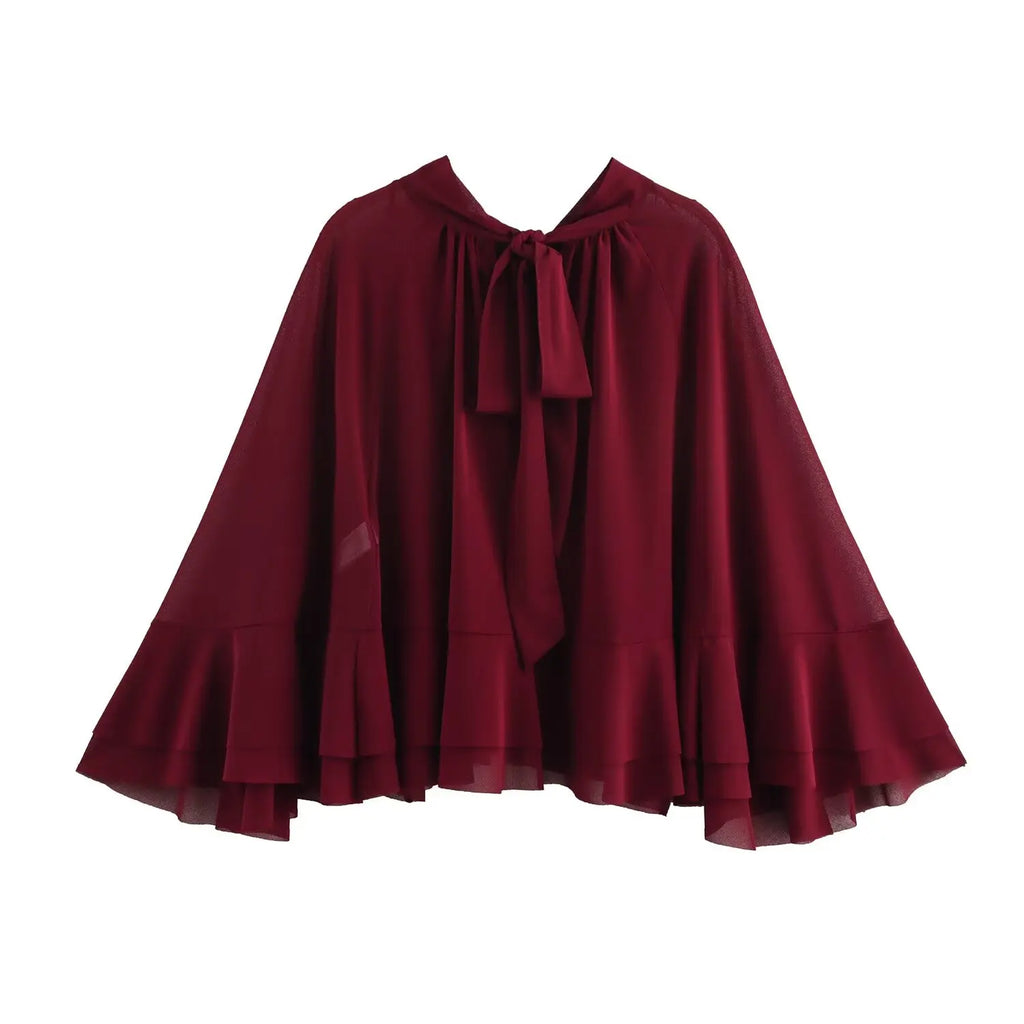 Elegant Women Blouse with Stand Up Collar Ruffle Edge Decoration and Folded Sleeve Detail Chic Shirt Top