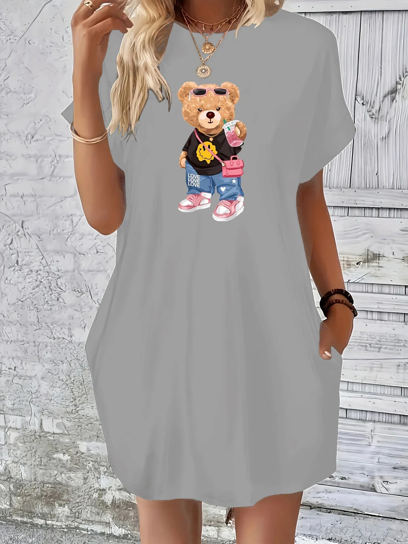 Plus Size Women's Summer Round Neck Bear Print Dress