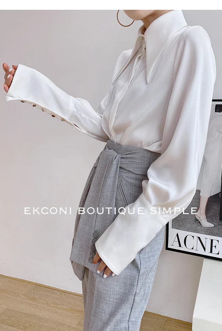 Elegant Turn Down Collar Satin Silk Blouse Vintage Button Closure White Lantern Sleeve Office Lady Shirt Chic Feminine Top