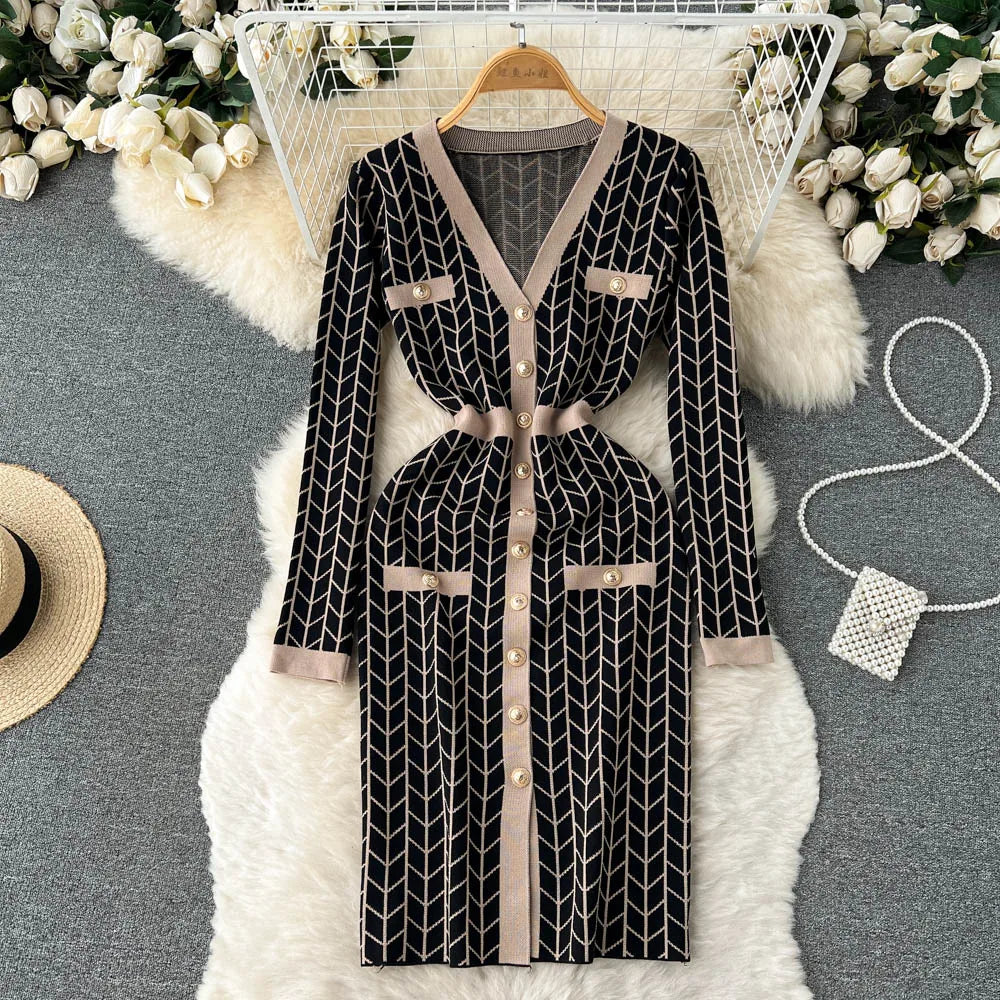 Autumn Plaid Knit Dress Women V Neck Elastic Waist Midi