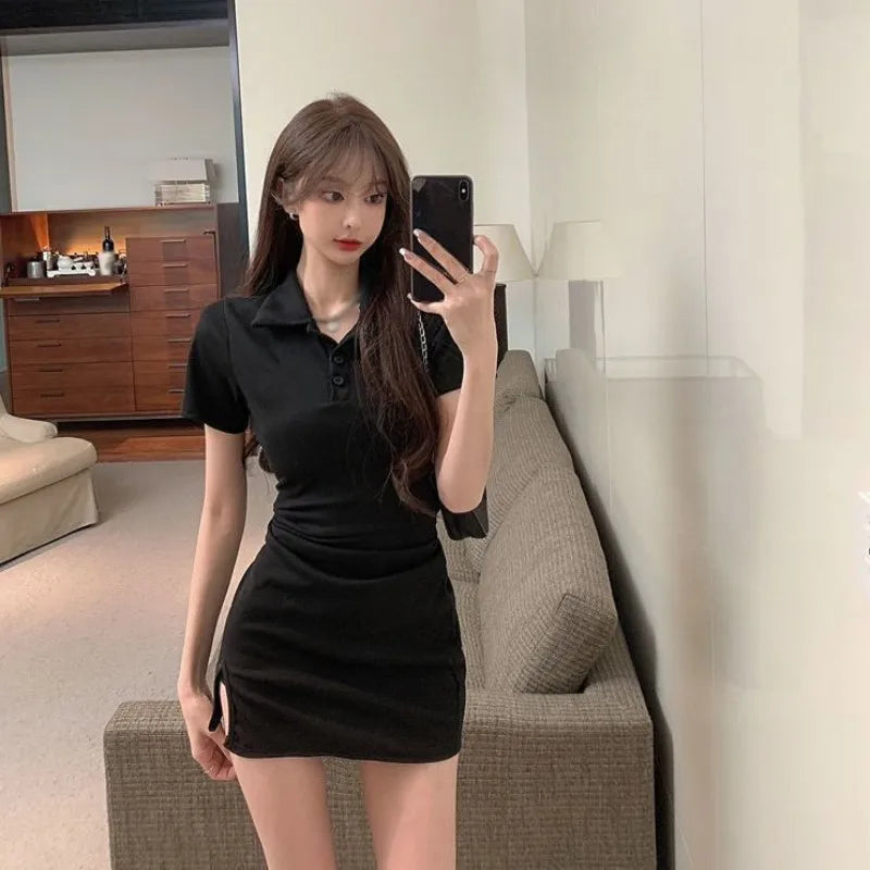 Women Summer Dress Short Sleeve Mini Turn Down Collar