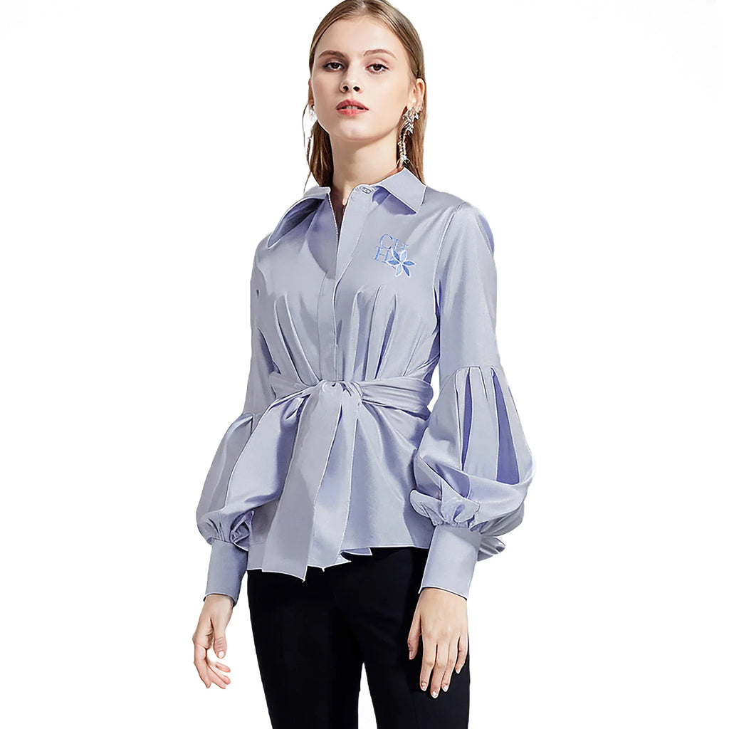 Women Embroidered Elegant Lantern Sleeve Blouse Casual Long Sleeve Office Shirt Fashionable Commuting Top