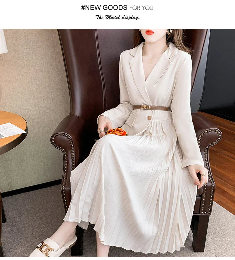 Faux Two Piece Dress With Blazer Collar Pleated Skirt