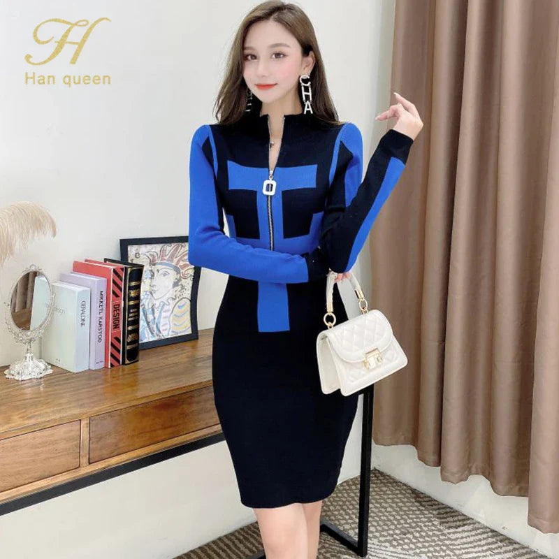 Winter Knit Bodycon Dress With Zipper Pattern Chic