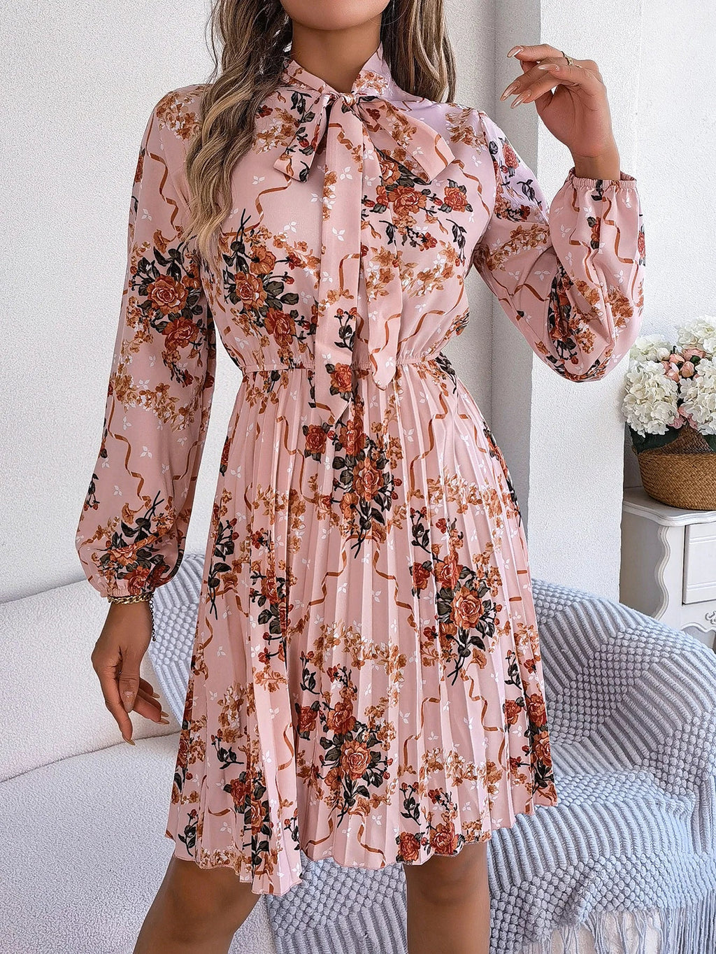 Floral Print Lace Up Long Sleeve Pleated Dress With Bow
