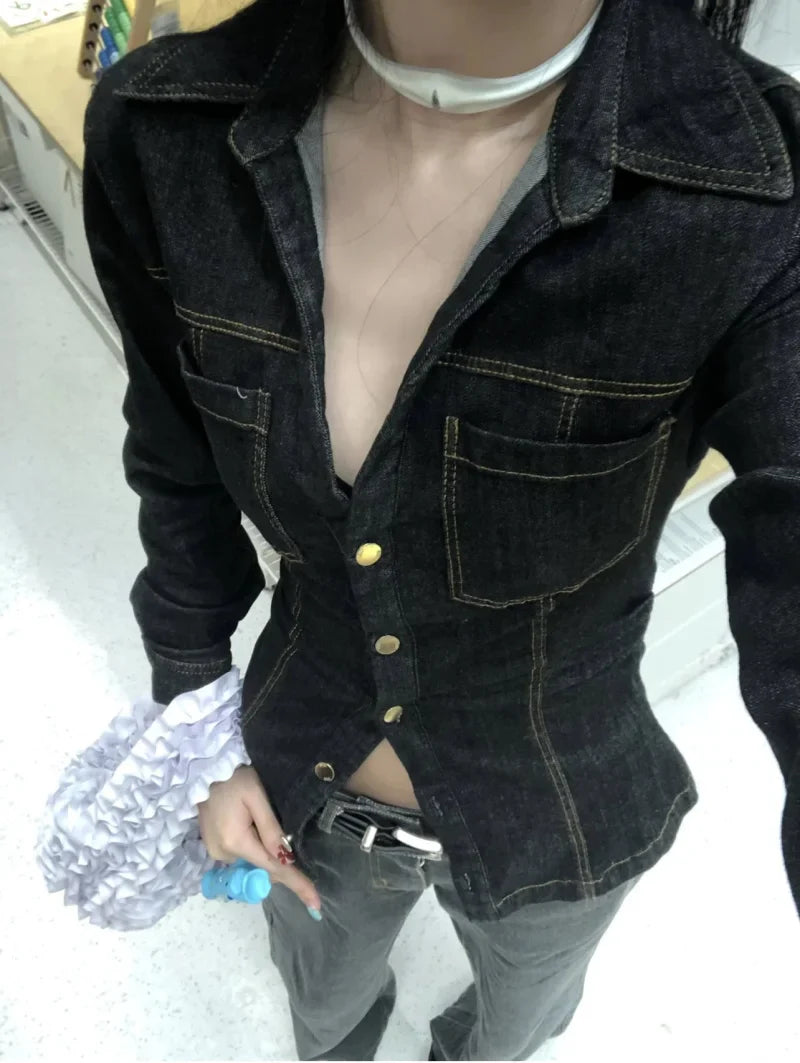 Women's Slim-Fit Denim Shirt with Stretch Waist and Flare Trousers for Comfortable Spring Style