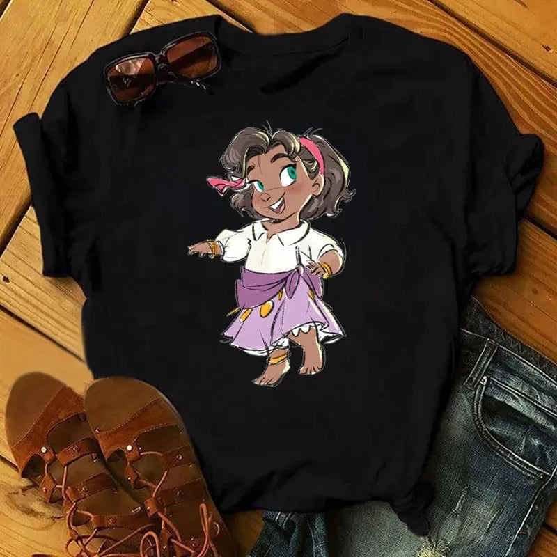 Cute Disney Princess Pattern Women's Cotton T-Shirt Short Sleeve Kawaii Graphic Tee for Casual Wear
