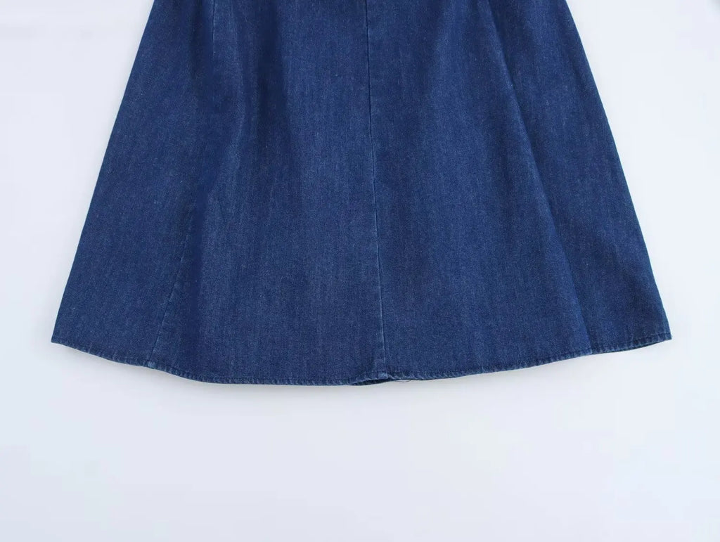 Denim Midi Dress With Pleats Backless Style High Waist