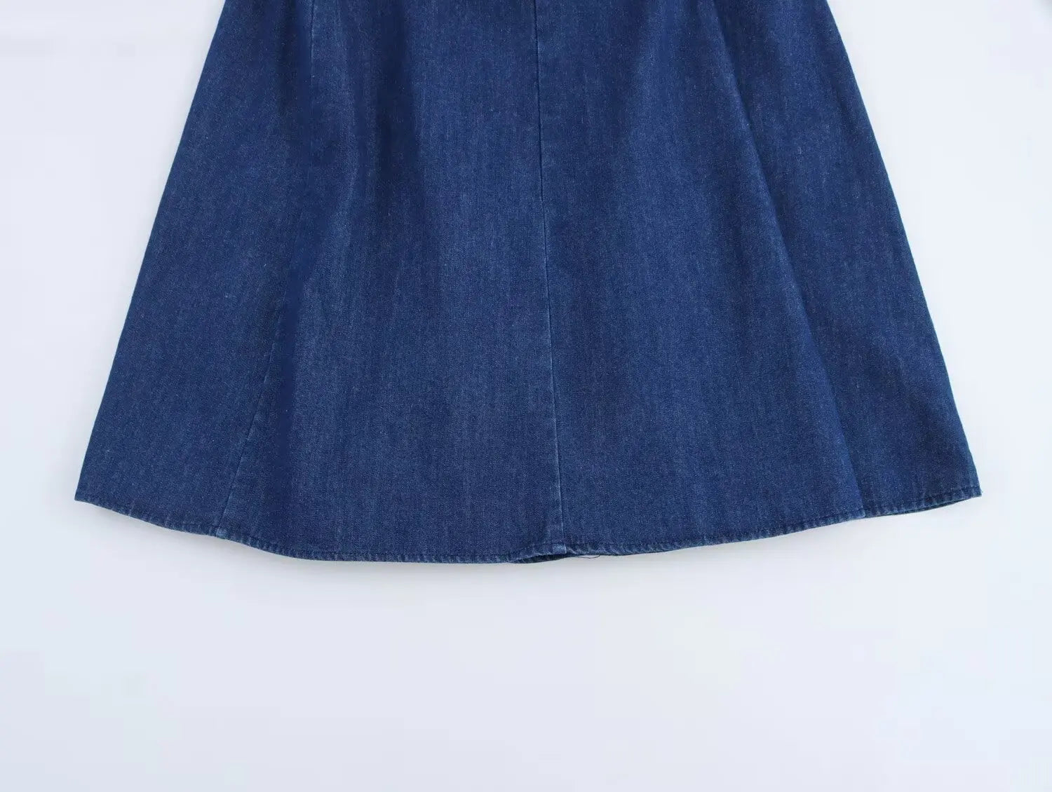 Denim Midi Dress With Pleats Backless Style High Waist